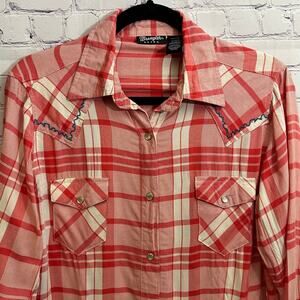 Wrangler Retro Red Plaid Pearl Snap Long Sleeve Shirt Medium Western Cowgirl